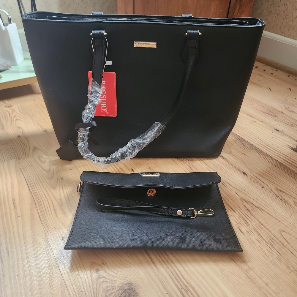 Bagsure | (2)pc Black Leather Tote & Clutch Set